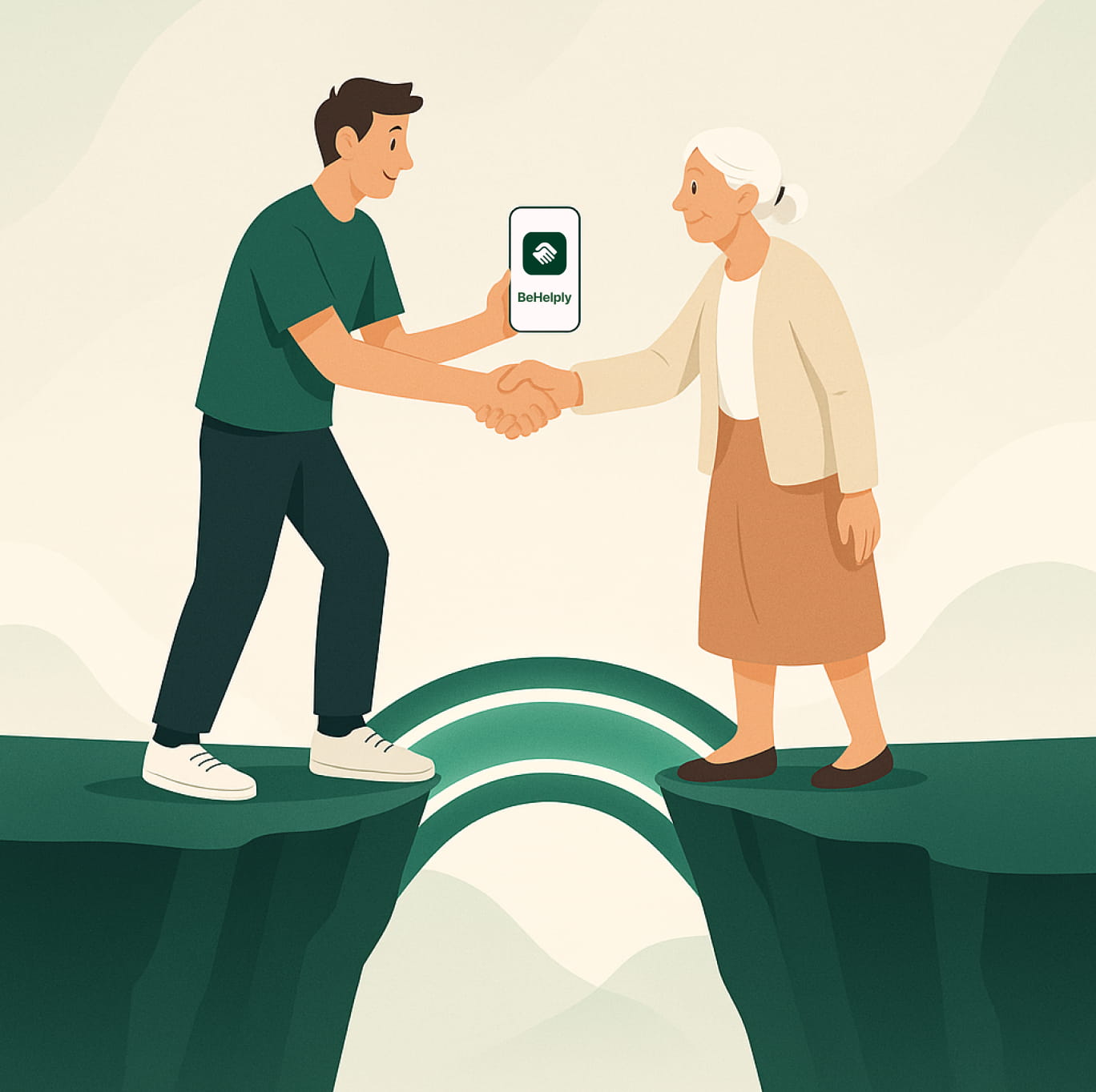 Illustration montrant un jeune homme et une femme âgée se serrant la main avec l'application BeHelply entre eux, symbolisant la connexion intergénérationnelle
